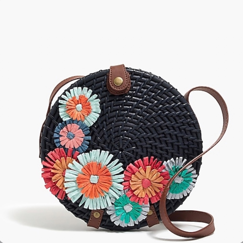 J Crew Black Straw floral circle crossbody bag NWT